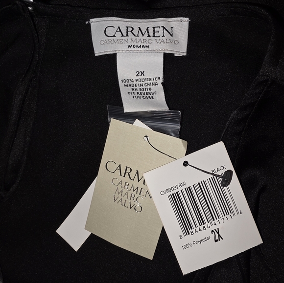 CARMEN‎ MARC VALVO Black Satin Button Sleeve Split Flare Bell Long Sleeve Top 2X - Picture 5 of 5